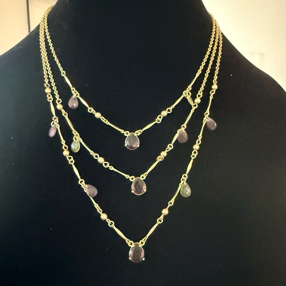 Vintage Avon Gold tone Multi-Layer Necklace with Purple and green Accents